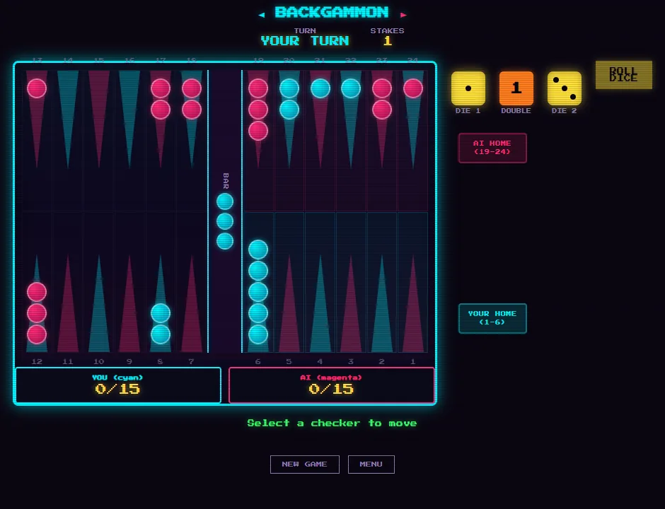 Backgammon a few turns in: cyan and magenta checkers on alternating neon points, three cyan on the bar, yellow dice and the orange doubling cube at 1