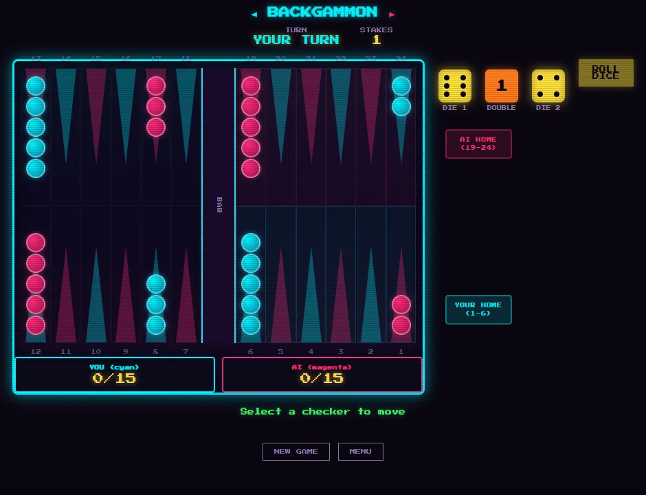 The opening position on the neon board, with the dice and the doubling cube beside it