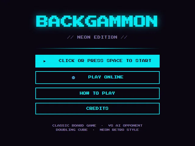 Backgammon's start screen: the name in glowing cyan over Neon Edition and its menu