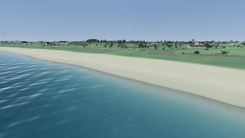 Mansion Beach from the water: a long pale beach, stone walls and houses on the green above it