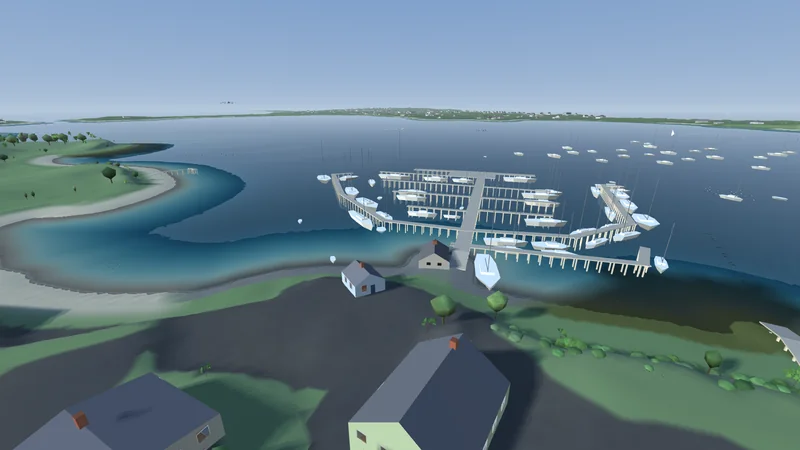 New Harbor on Great Salt Pond: the marina's docks full of sailboats, moorings beyond, and the island's west side across the water