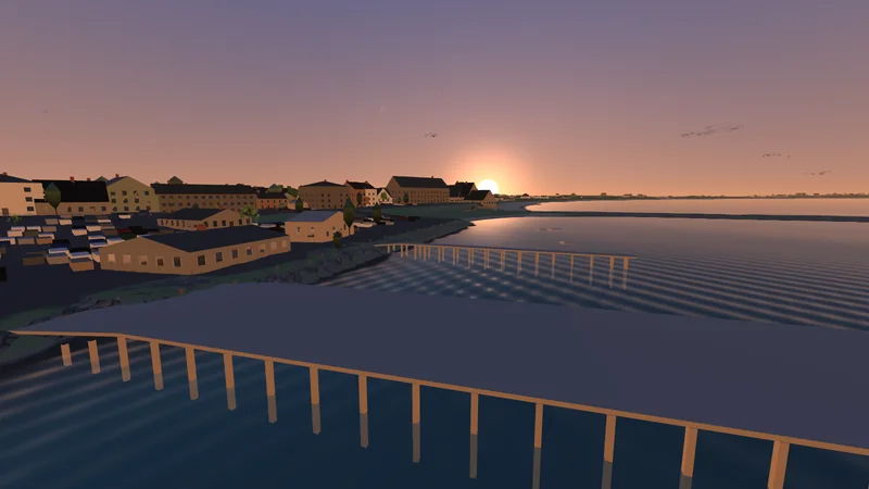 Old Harbor at sunset: the waterfront hotels lit orange, the ferry dock's pilings in the foreground and the sun going down over the town