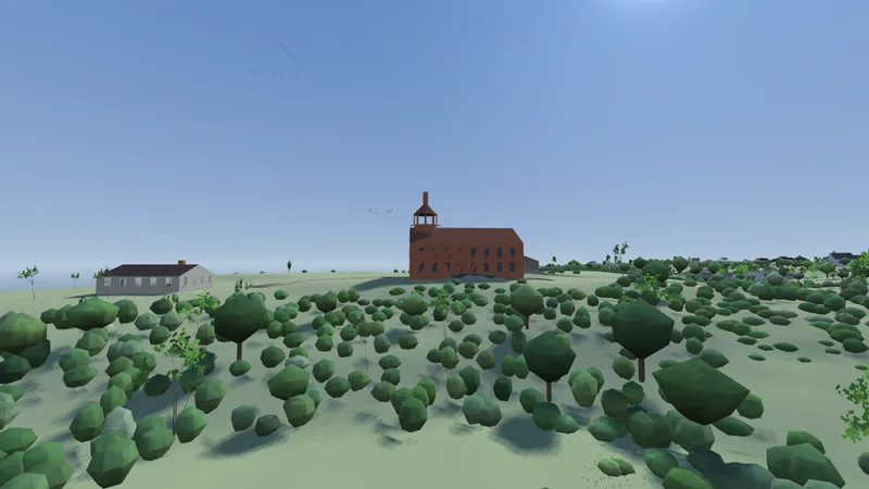 Southeast Light on the Mohegan Bluffs: the brick keeper's dwelling with its tower and lantern at one end, a white outbuilding beside it, low scrub falling away in front