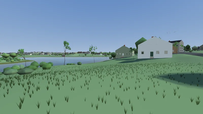 Twin Maples on a summer afternoon: a white cottage and a green one on the rise above Trims Pond, the town strung along the far shore