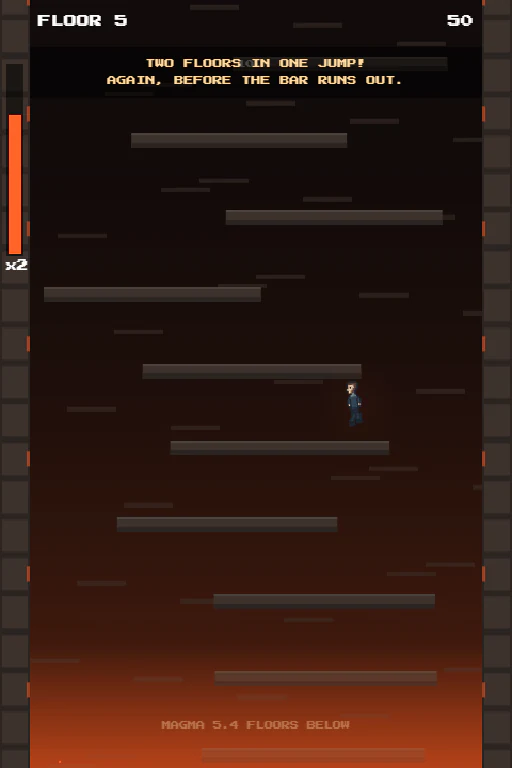 Mid-climb on floor 5: stone ledges up the vent, the combo bar filling, magma glowing below