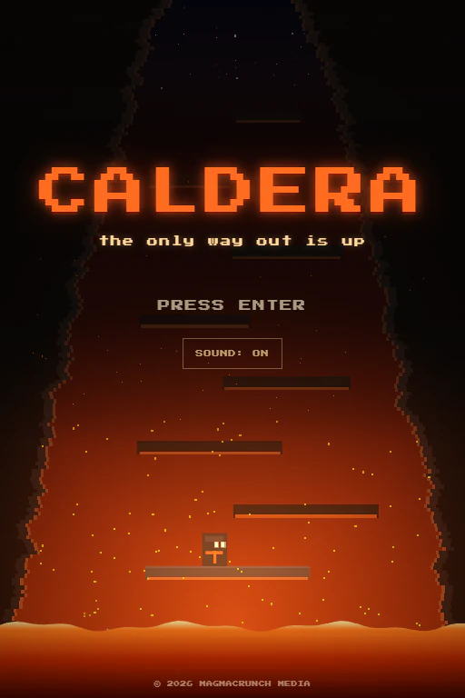 Caldera's title screen: the name in glowing orange over a volcanic shaft, a climber on a ledge above the lava