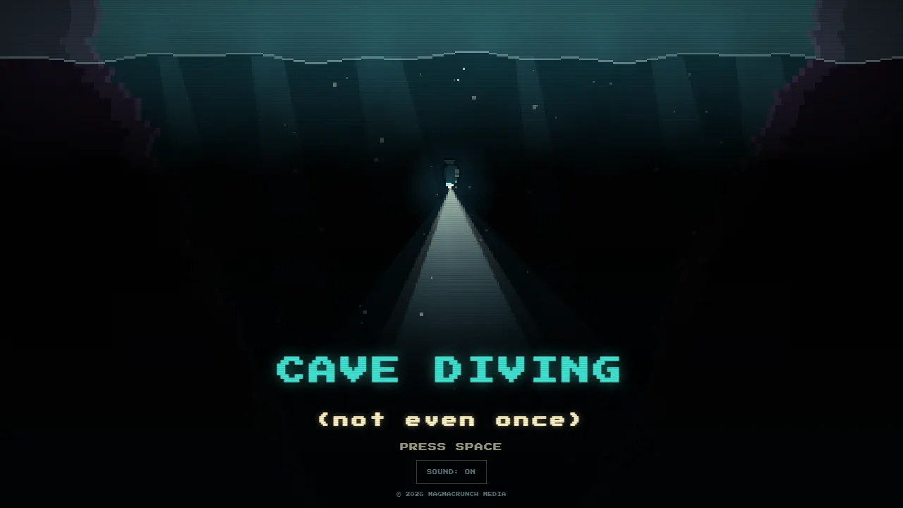 Cave Diving's title: a diver's lamp throwing a cone of light down into a black cave under the teal surface, Cave Diving (not even once) in teal below