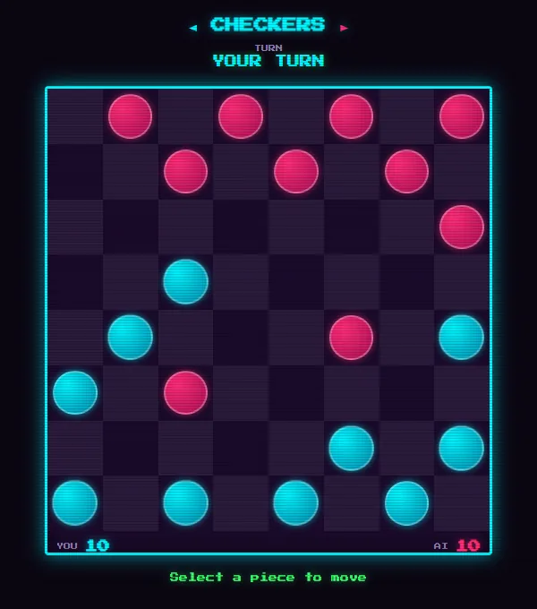 Checkers mid-game: ten cyan pieces against ten magenta on a violet board, your turn