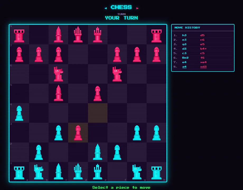 A game of Chess eight moves in: cyan pixel-art pieces against magenta on a violet board, your turn, with the move history in algebraic notation beside it