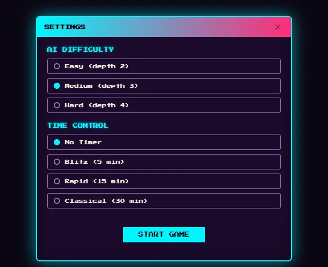 The settings panel: AI difficulty easy, medium or hard by search depth, and no timer, blitz, rapid or classical