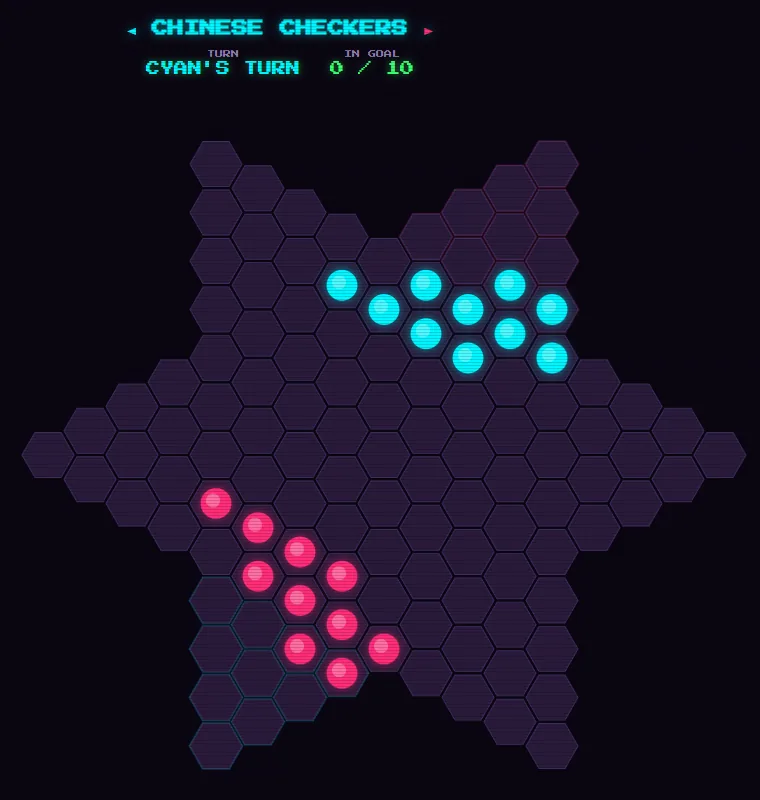 A two-player game under way: cyan setting out from the top right and magenta from the bottom left