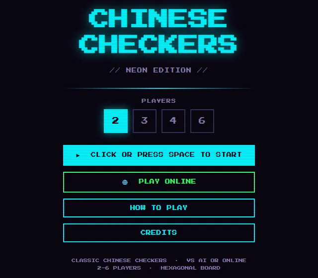 Chinese Checkers' start screen: the name in glowing cyan, Neon Edition, and a choice of 2, 3, 4 or 6 players