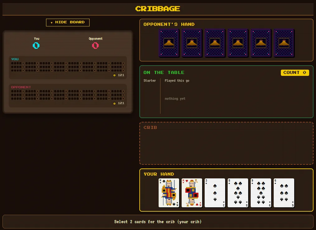 The deal: six cards in your hand, six backs in the opponent's, and the crib empty, waiting for two cards from each