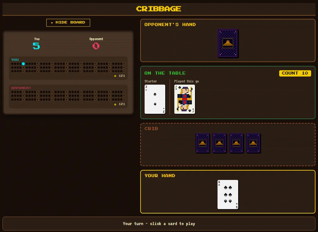 A solo hand of cribbage in the pegging: you have pegged 5 on the walnut board, the 2 of spades is the starter, the jack of clubs is on the table for a count of 10, and the crib holds four cards