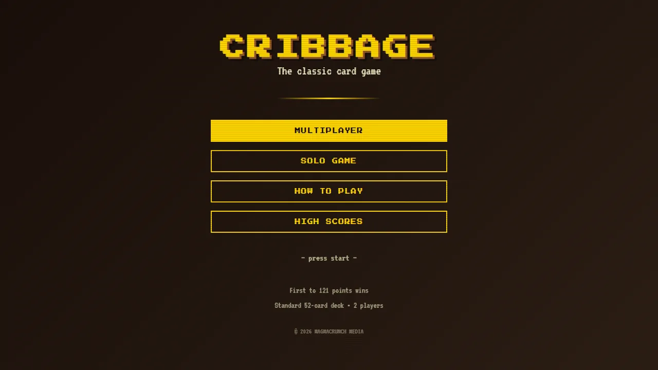 Cribbage's start screen: the name in gold pixel letters over the buttons Multiplayer, Solo Game, How to Play and High Scores