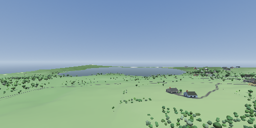 Green rolling island seen from a height, scattered trees and a pond inland, the sea closing the horizon on both sides