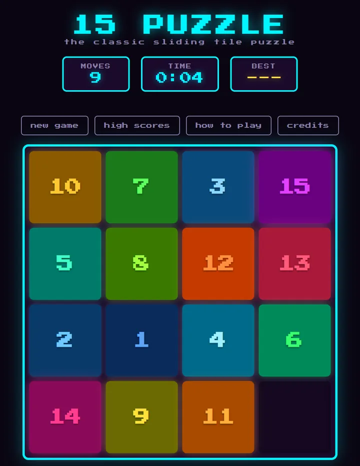 The 15 Puzzle at nine moves: fifteen numbered tiles in a rainbow of colours, blue through green and orange to magenta, with the gap in the bottom-right corner