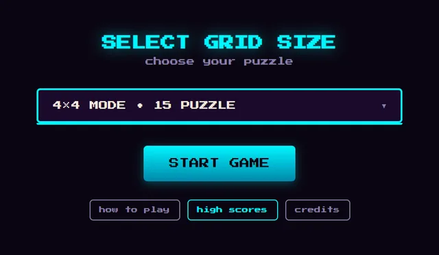 Select grid size, set to 4×4 mode, 15 puzzle, with a Start Game button