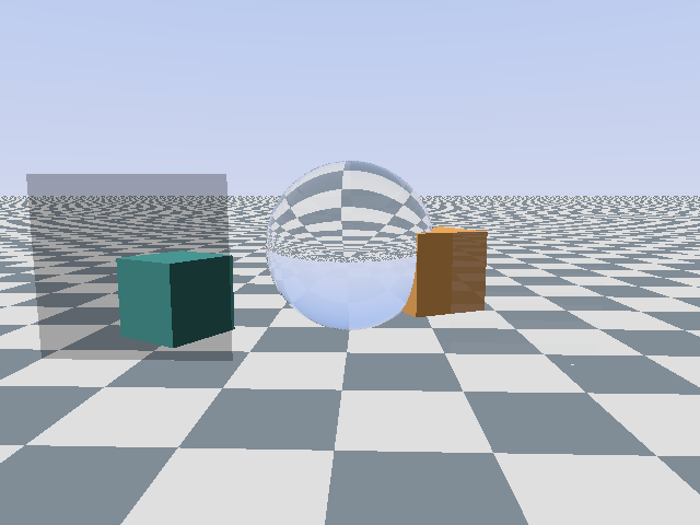 Two rasterized cubes in a traced room: a teal cube behind a grey polarizer, and an orange cube half inside a clear glass ball on a checker floor