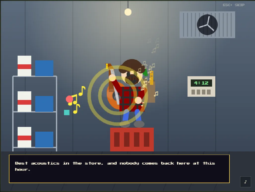 The opening cutscene: Harrison playing guitar on a crate in the walk-in cooler at 4:12 AM, notes rising, best acoustics in the store