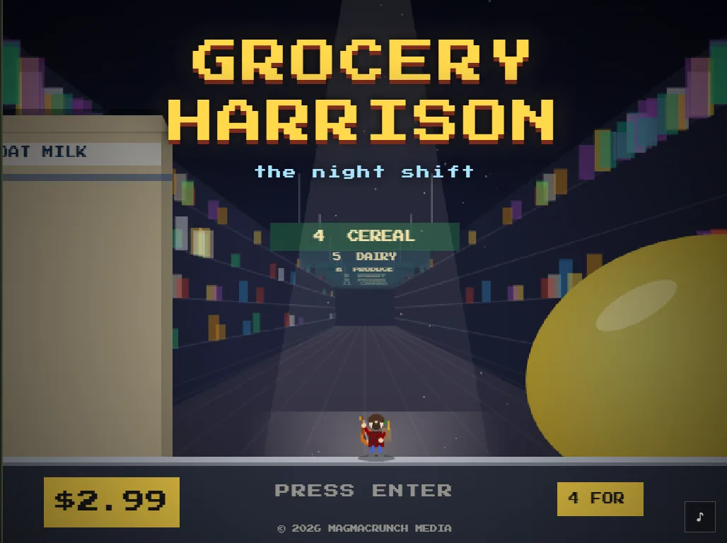 The title screen: Grocery Harrison in gold over a towering aisle seen from the floor, an oat milk carton and a giant lemon, a $2.99 price tag and Press Enter
