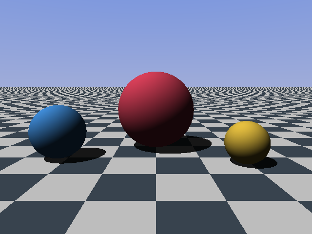 The CPU reference tracer's first picture: spheres on a checker floor under a gradient sky