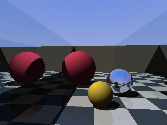 Two facing mirror walls repeating a chrome sphere and red spheres into an infinite corridor above a checker floor