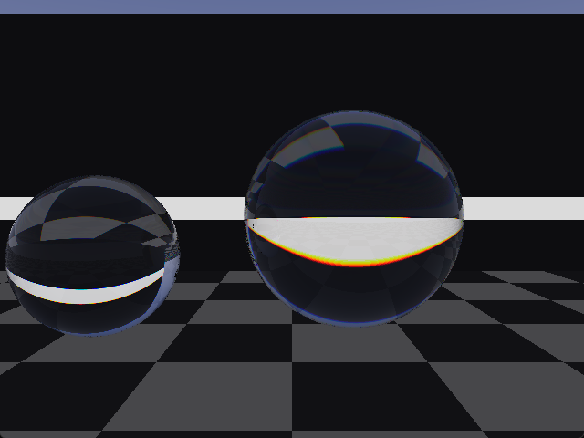Two glass balls in front of a white stripe, the larger tearing the stripe edge into an orange and cyan fringe