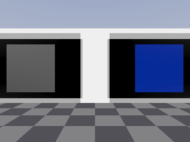 Two dark windows on a white wall, one showing a grey square and the other a deep blue square