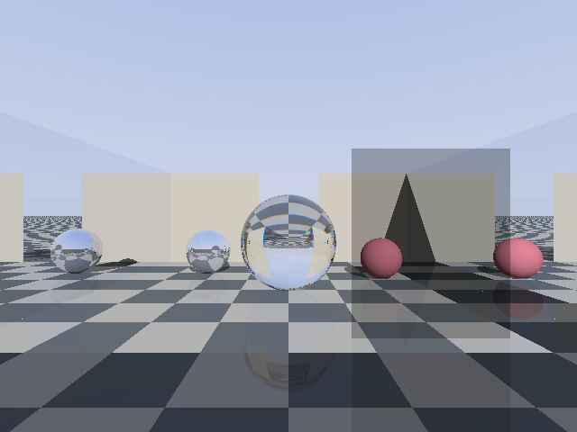 The walkable room: mirrored side walls, a large refracting ball, pink spheres and warm beige walls