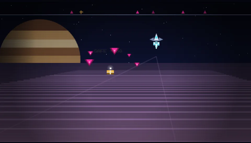 Over Jupiter: your fighter above the violet grid with a banded Jupiter on the horizon, magenta hostile transponders closing on a gold aid convoy