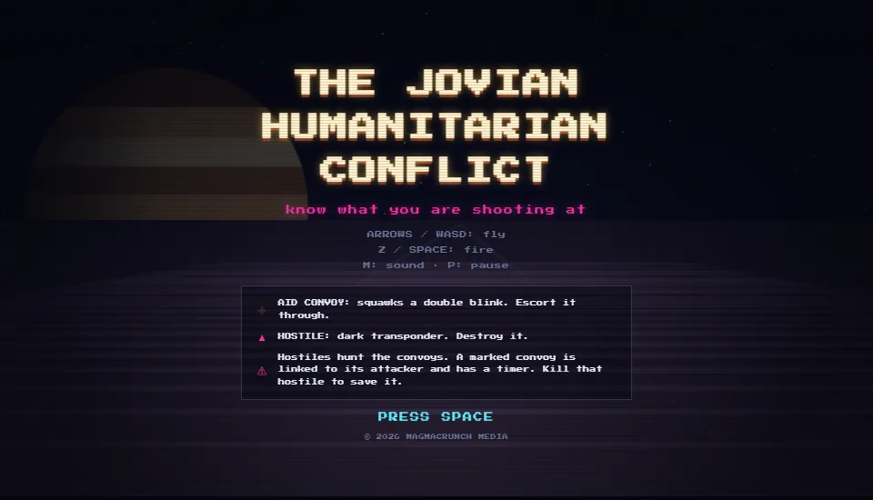The title screen: The Jovian Humanitarian Conflict in cream over Jupiter, the controls, and a briefing on aid convoys, hostiles and marked convoys