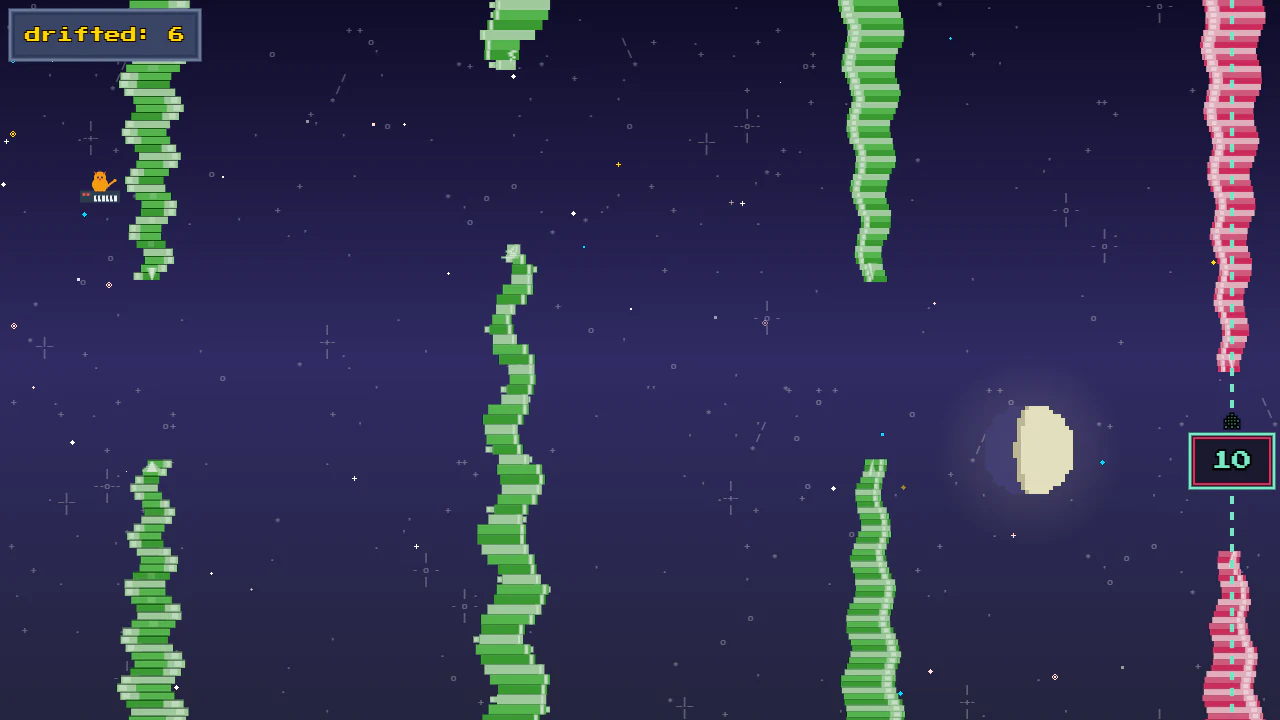 Synth Cat drifting between green and pink crystal pillars past the moon, a milestone marker reading 10 ahead