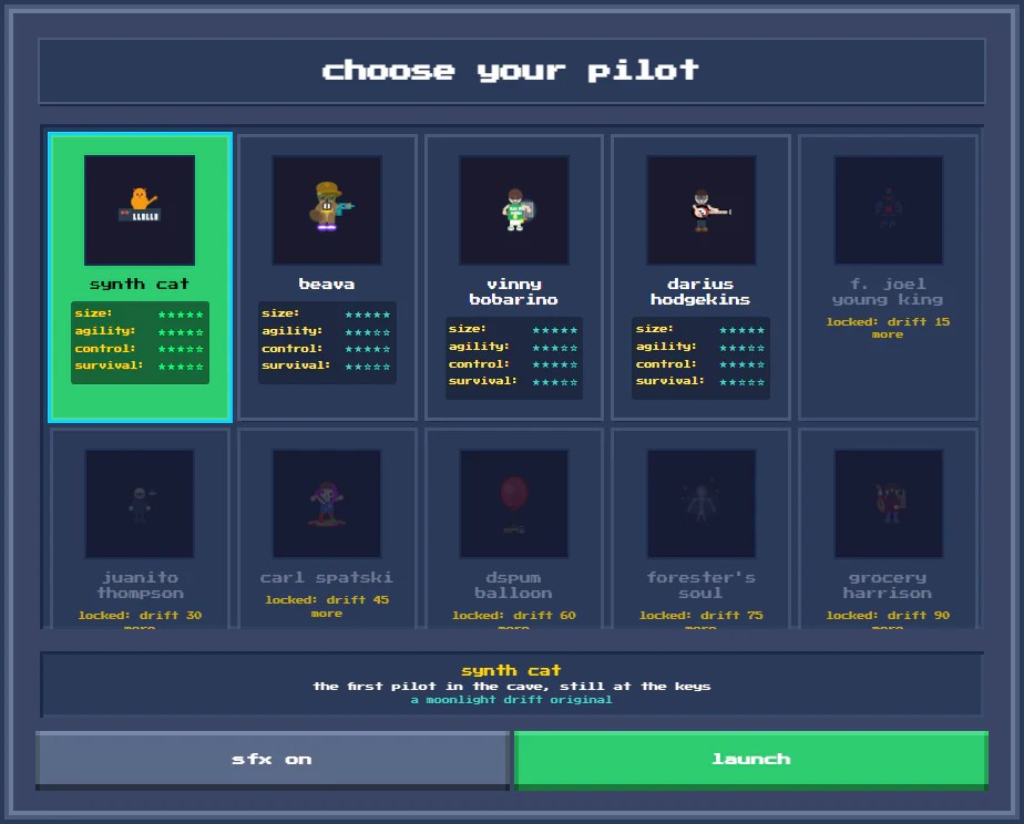 The choose your pilot screen: Synth Cat, Beava, Vinny Bobarino and Darius Hodgekins unlocked, six more locked