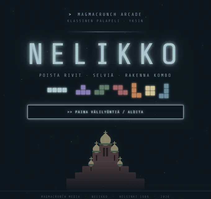 Nelikko's title screen: the name in pale ice letters over the seven pieces in their colours, and a pixel Helsinki cathedral below