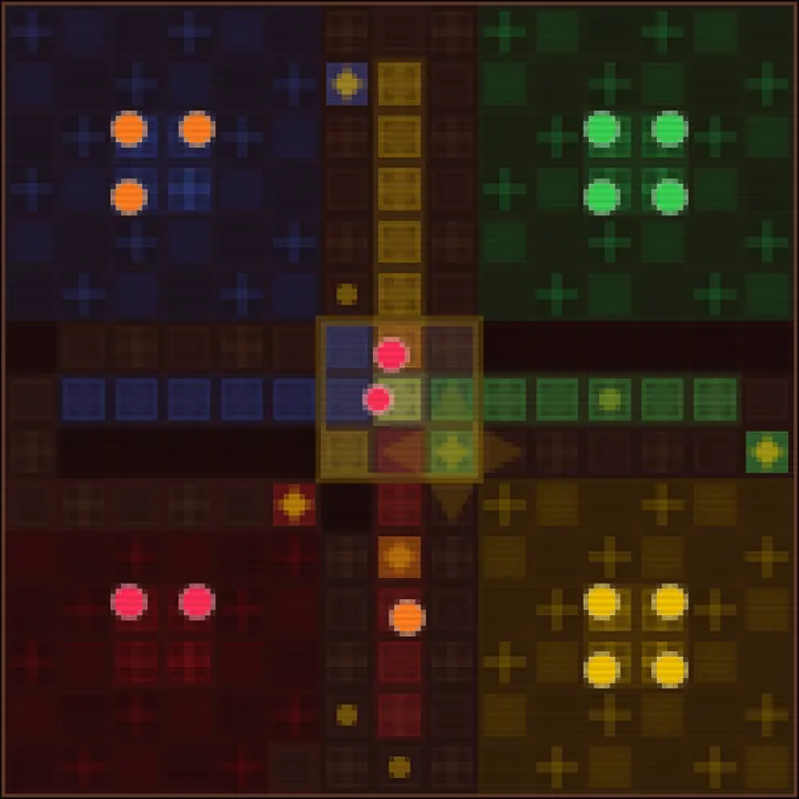 The Parchís board mid-game: the red, blue, green and yellow yards in the corners, two red pawns out on the cross near the centre and an orange pawn heading down the red arm
