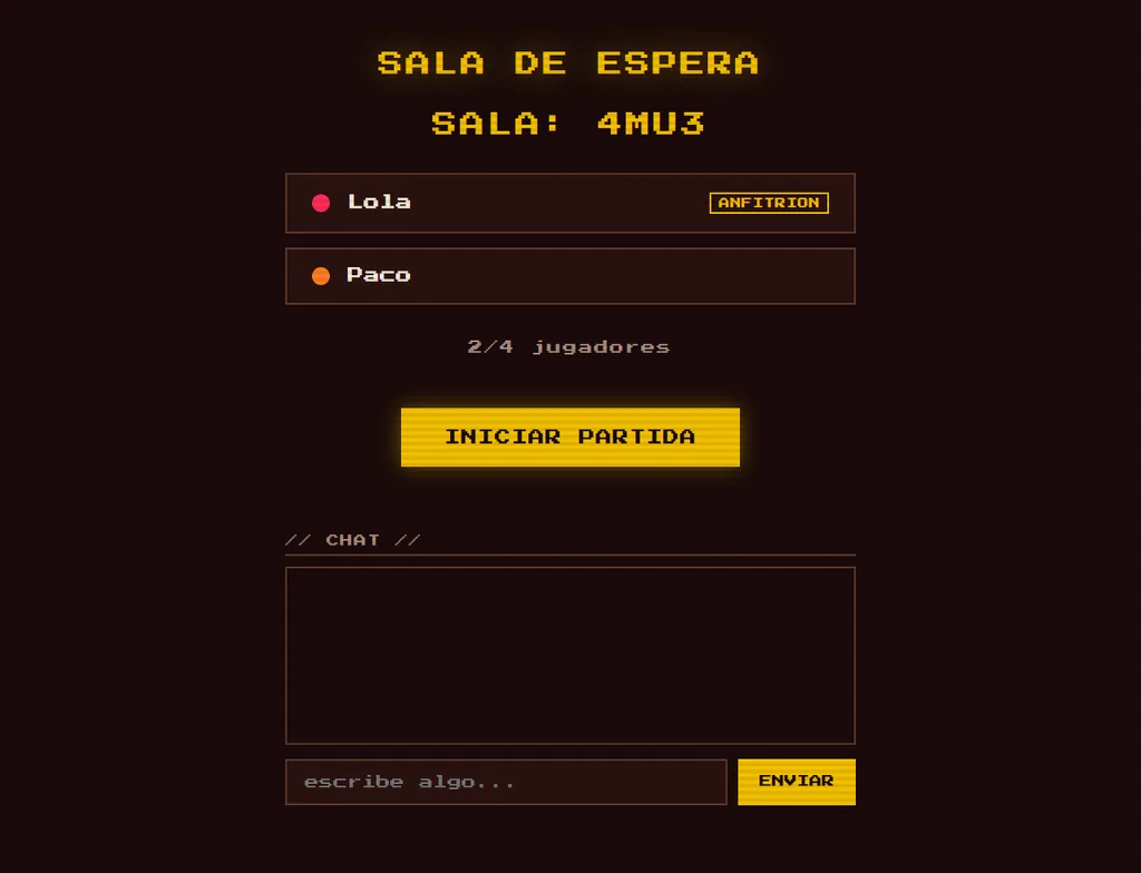 The waiting room for room 4MU3: Lola, the host, and Paco, two of four players, with the gold Iniciar Partida button and a chat box
