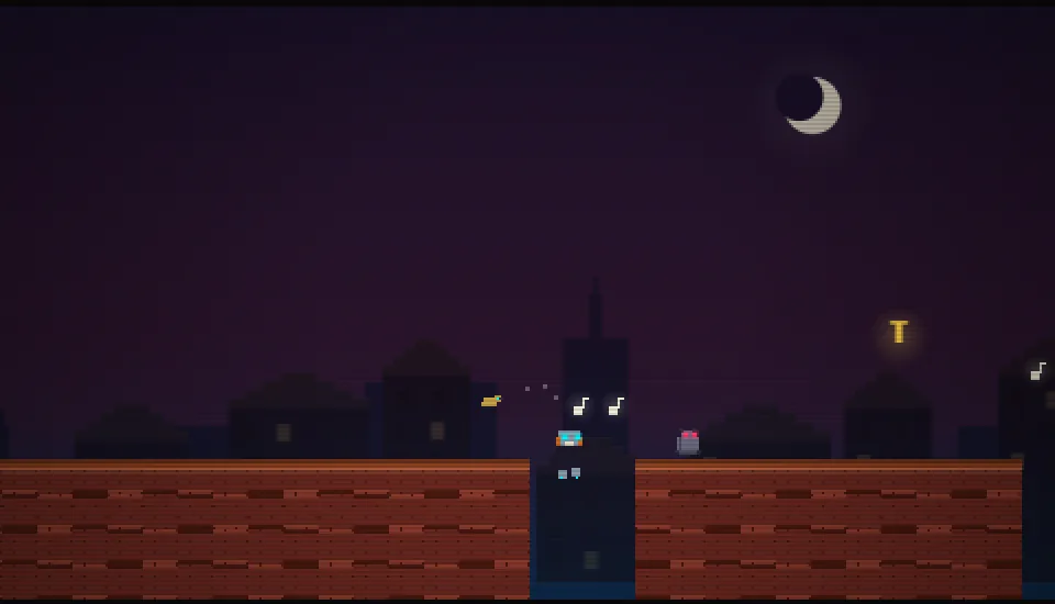 Roderick Tron on the rooftops at night: red brick parapets under a crescent moon, chimneys and steeples behind, a gold letter T floating over the gap