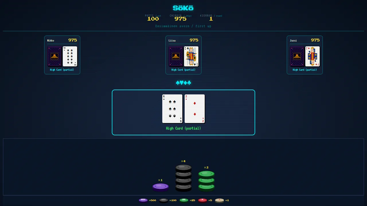 The first betting round: three opponents with one card up and one down, your two cards, and the chip stacks under the table