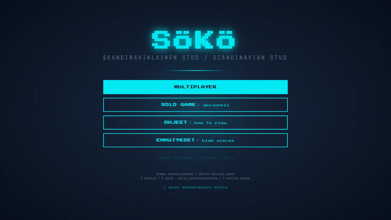 Sökö's start screen: the name in glowing cyan pixel letters over Skandinavialainen Stud / Scandinavian Stud, and the menu in Finnish and English
