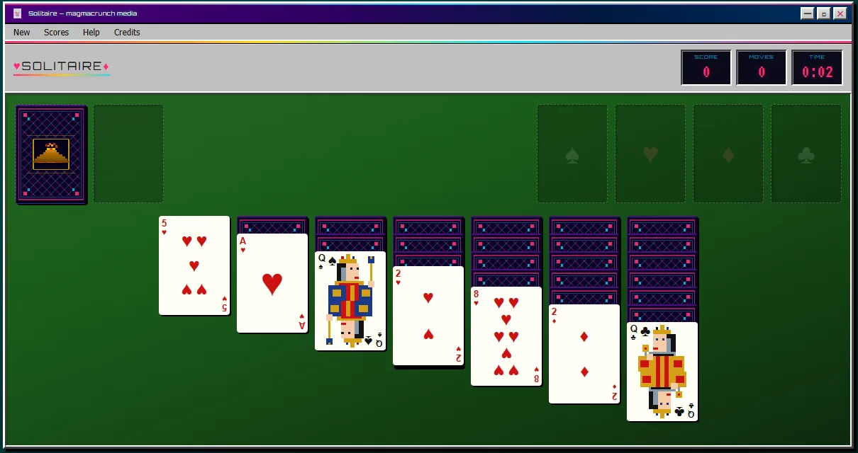 A fresh deal of Klondike in a Windows 3.1 style window: the stock with its magmacrunch card back, empty foundations, and seven tableau columns on green felt