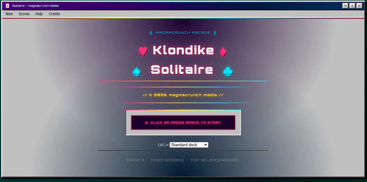 The start screen: Klondike Solitaire in white with pink and cyan suits, a Click or Press Space to Start button and a deck choice, in the same window