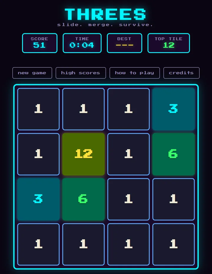 An early board: 1s, a 12 in olive, 6s in green and 3s in teal