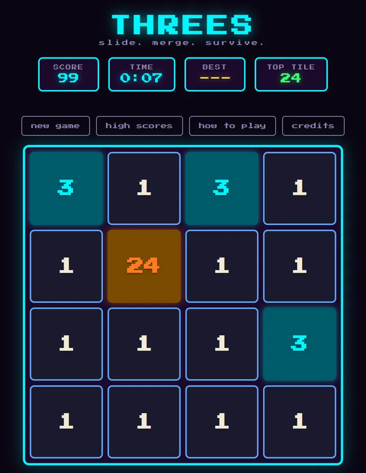 Threes with a score of 99: a 24 tile in orange among 3s and 1s, the top tile counter reading 24