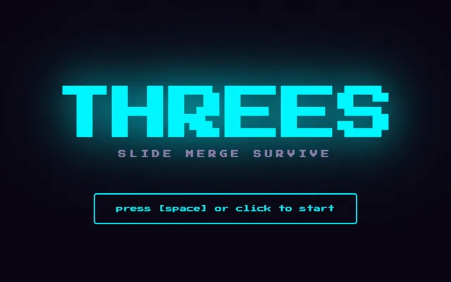 The title screen: Threes in glowing cyan over Slide Merge Survive