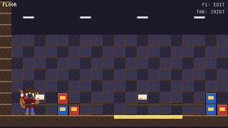 A pixel-art supermarket aisle: Harrison, a small bearded figure with a guitar, stands by red and blue cereal boxes on low shelves, under a row of strip lights, beside a yellow strip of butter on the floor