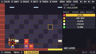 The same aisle in editor mode: a tool bar across the top, a paint panel on the right listing the brushes solid, one-way, slick, sticky and climb, and the collision drawn over the room in red