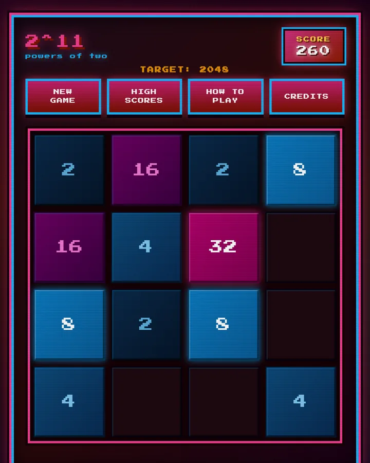 2^11 mode with a score of 260, target 2048: tiles of 2, 4, 8, 16 and 32 in blues and pinks on a dark board in a pink frame