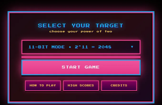 Select your target: 11-bit mode, 2^11 = 2048, with a pink Start Game button