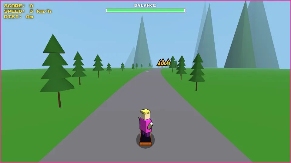Party Carl kicking off down a mountain road on a longboard, pines either side, warning signs ahead and the balance bar full